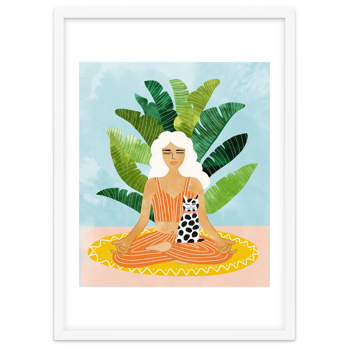 Meditation With Thy Cat Poster | Blonde Woman of Color | Tropical Banana Leaves Quirky Pet Workou