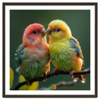 Two Lovebirds Perched On A Branch In Rain