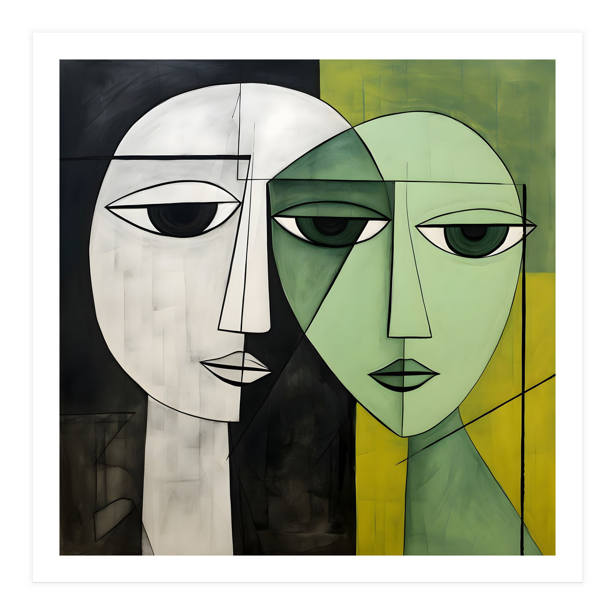 DYNAMIC FUSION, Two abstract heads converge - vibrant green tones intertwine with cool grey hues, a dance of contrast and connection. (Print Only)