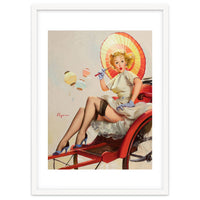 Pinup Girl In Rickshaw Experiencing Sudden Wind