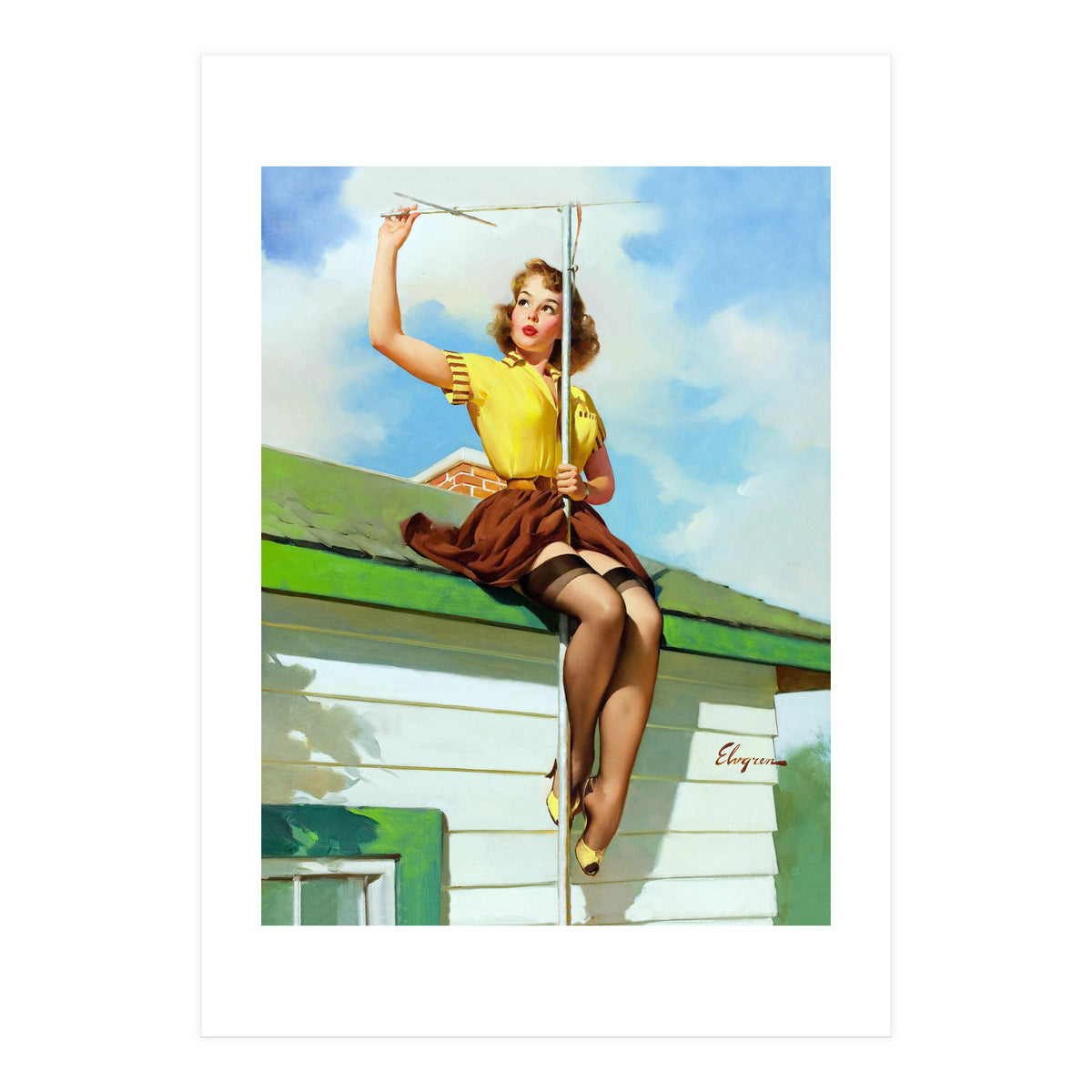 Pinup Sexy Girl Setting Up The Antenna On The Roof (Print Only)