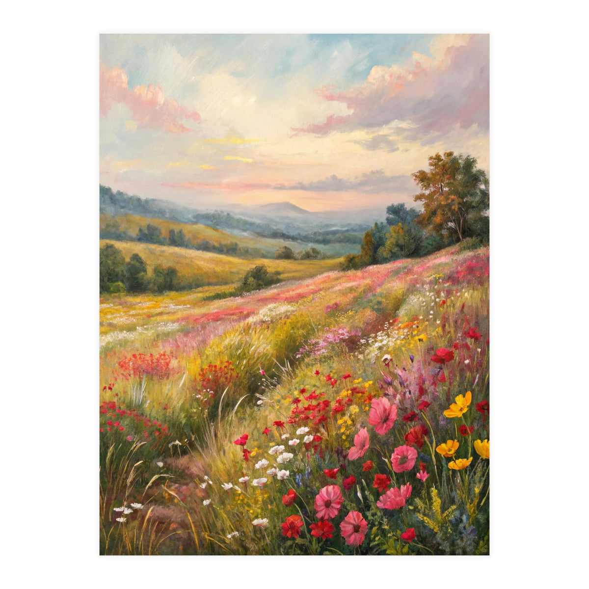 Serene Wildflower Meadow at Sunset Oil Painting (Print Only)