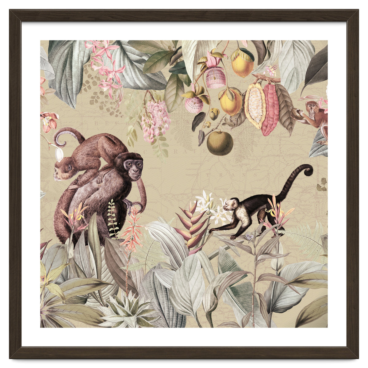 Vintage Exotic Monkeys In African Jungle Landscape