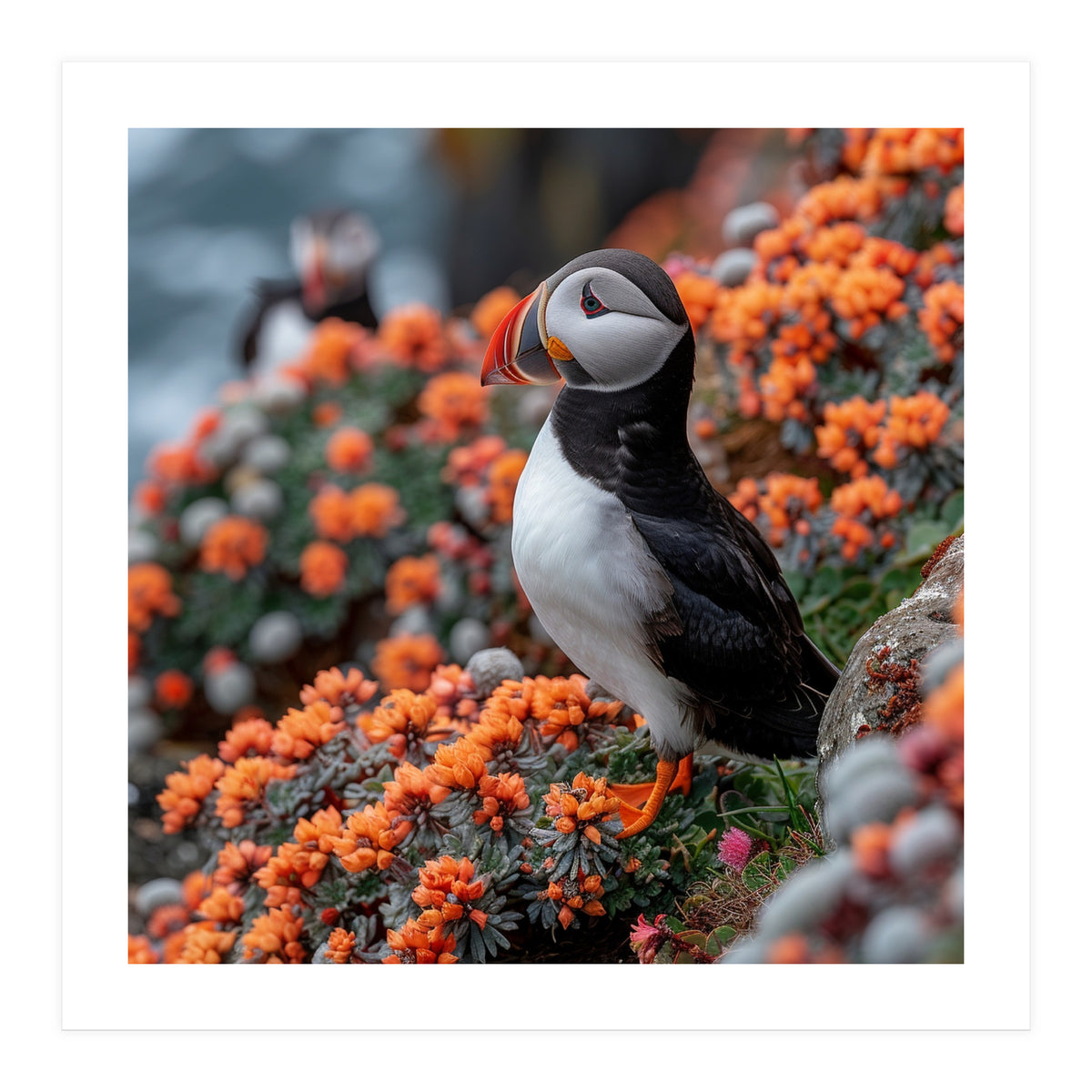 Atlantic Puffin Bird Perched On Orange Flowers (Print Only)