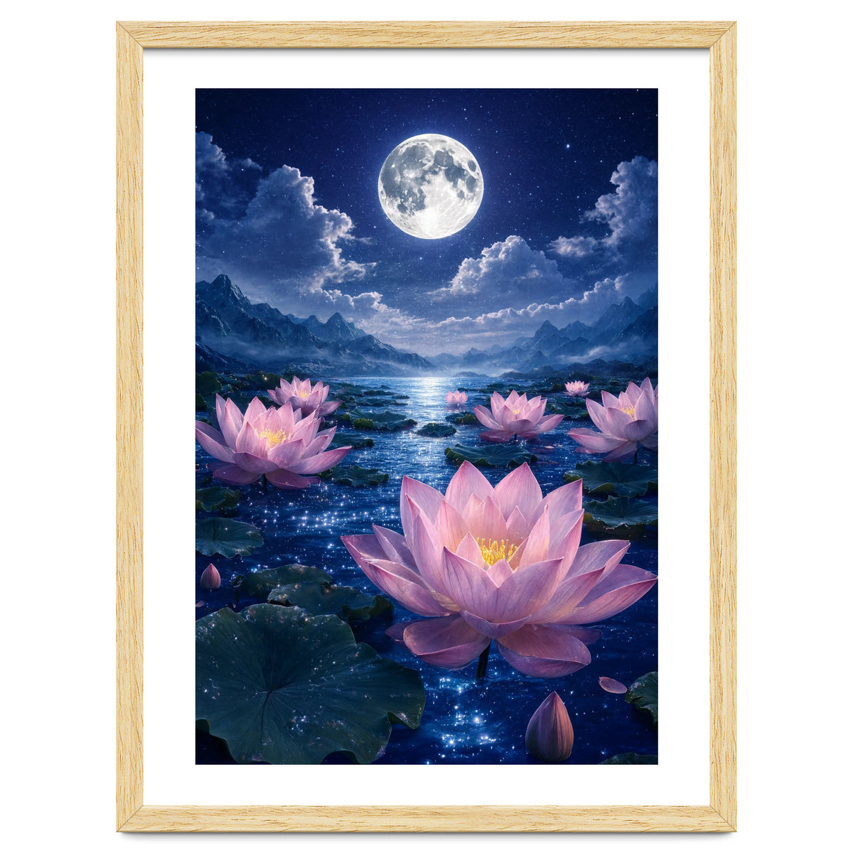 Moonlit Lotus Pond: Serene Nighttime Floral Landscape