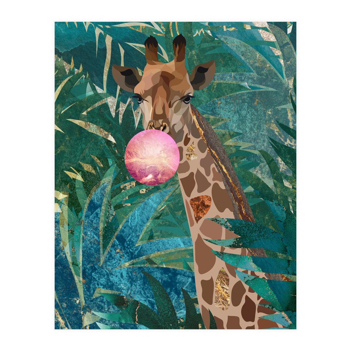 Giraffe blowing a bubble in the jungle (Print Only)