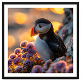 Puffin Bird Amidst Purple Flowers Golden Hour thumbnail