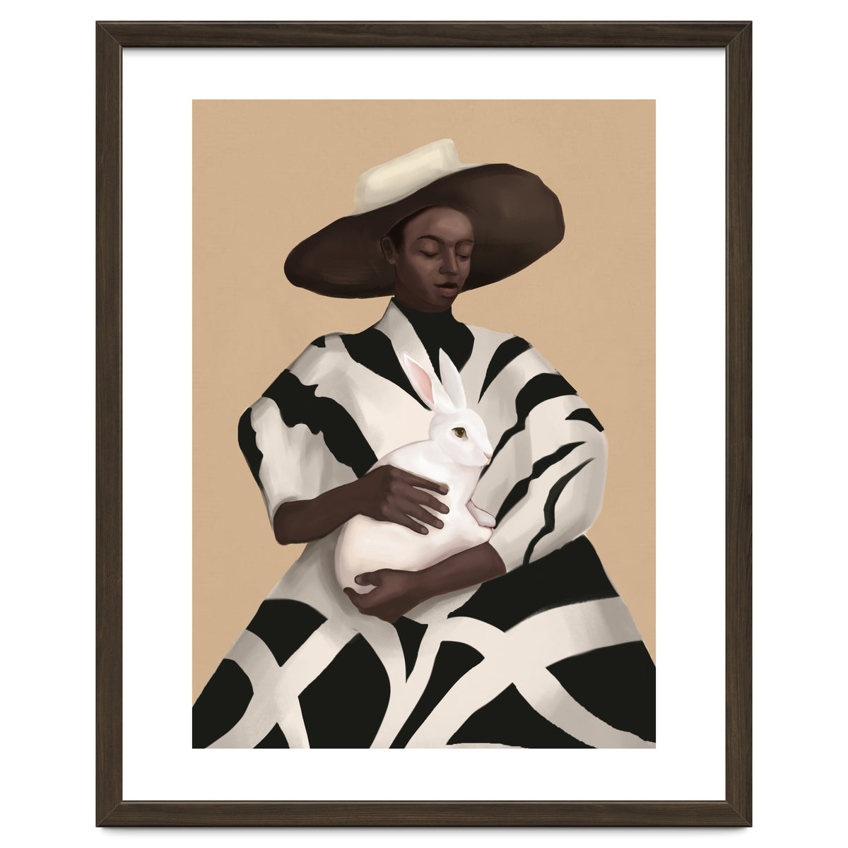 Woman In Stripes Holding A White Rabbit