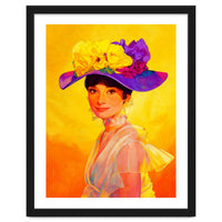 Audrey Hepburn Pop Art, Vibrant Floral Hat Portrait, Iconic Movie Star Illustration