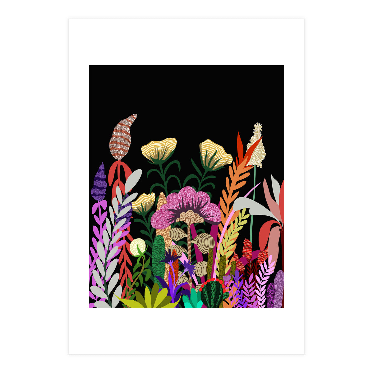 Dark Garden, Eclectic Bold Floral Botanical Nature, Colorful Mystery Bohemian Flowers Plants (Print Only)