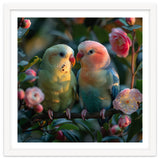 Two Lovebirds Perched On A Branch Near Flowers thumbnail