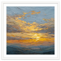 Atmospheric Golden Sunset Impasto Oil Painting Featuring Textured Clouds