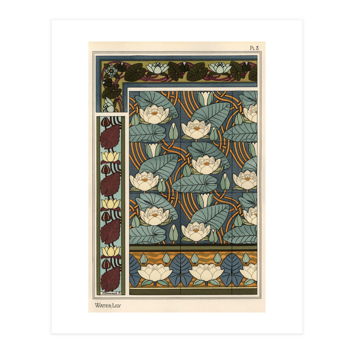 The water lily, Nelumbo lutea, in wallpaper and tile patterns. Lithograph by Verneuil. (Print Only)