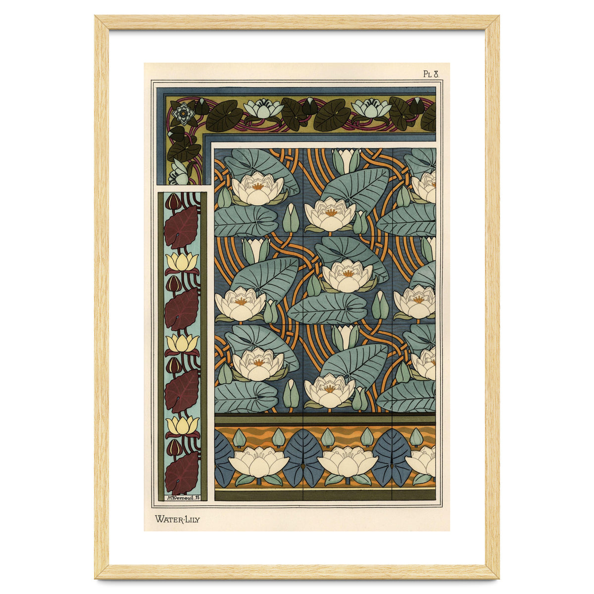 The water lily, Nelumbo lutea, in wallpaper and tile patterns. Lithograph by Verneuil.
