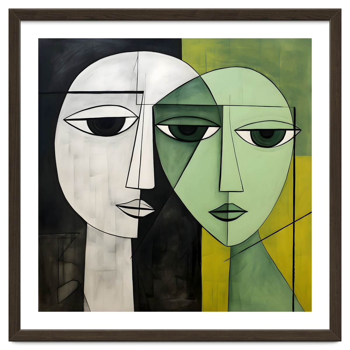 DYNAMIC FUSION, Two abstract heads converge - vibrant green tones intertwine with cool grey hues, a dance of contrast and connection.