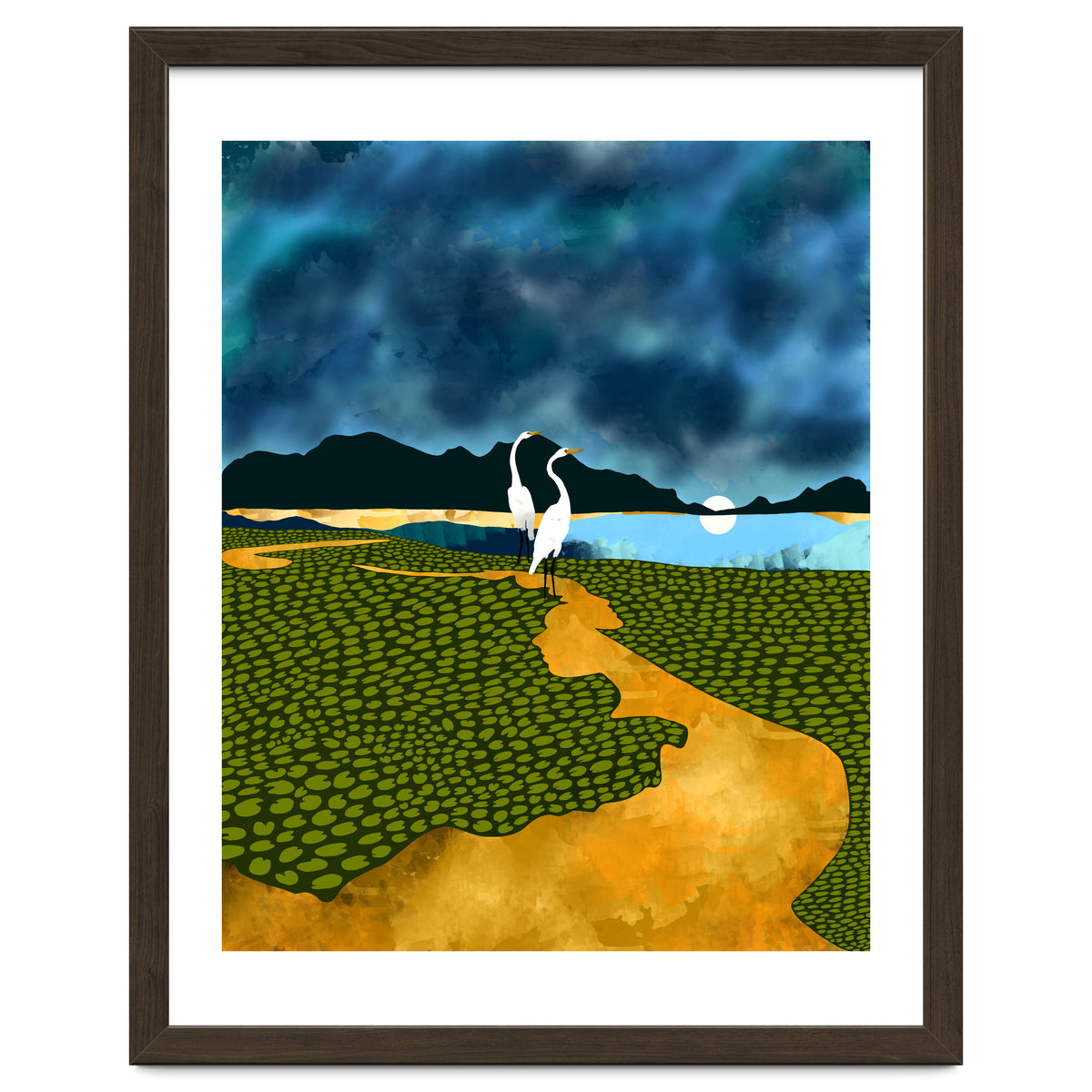Great Egrets On Honeymoon Island, Heron Wildlife Painting Nature Landscape, Travel Dark Scenic Birds Love Animals Lake Bohemian