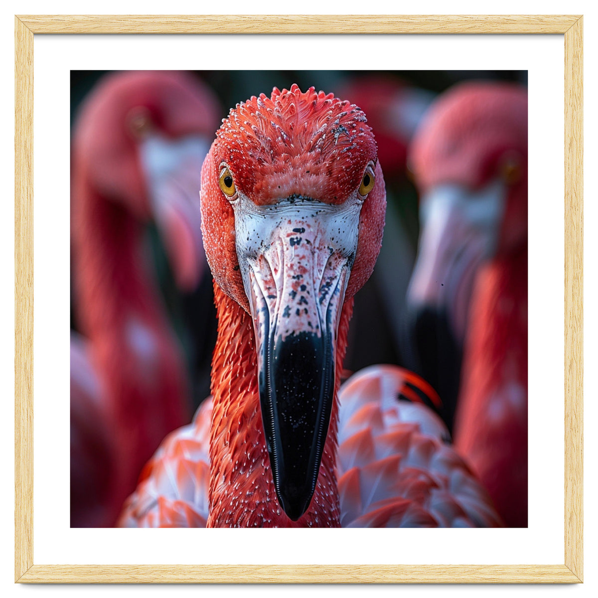 Close Up Of A Flamingo Bird Face, Pink Feathers