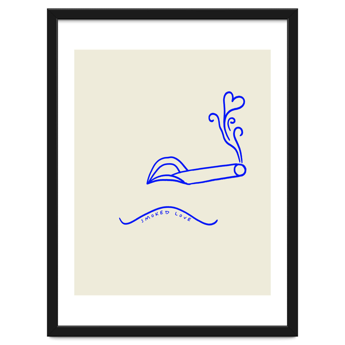 Smoked Love, Line Art Drawing Sketch, Minimalism Doodle Woman Cigarette Cigar Smoke, Eclectic Bohemian Framed