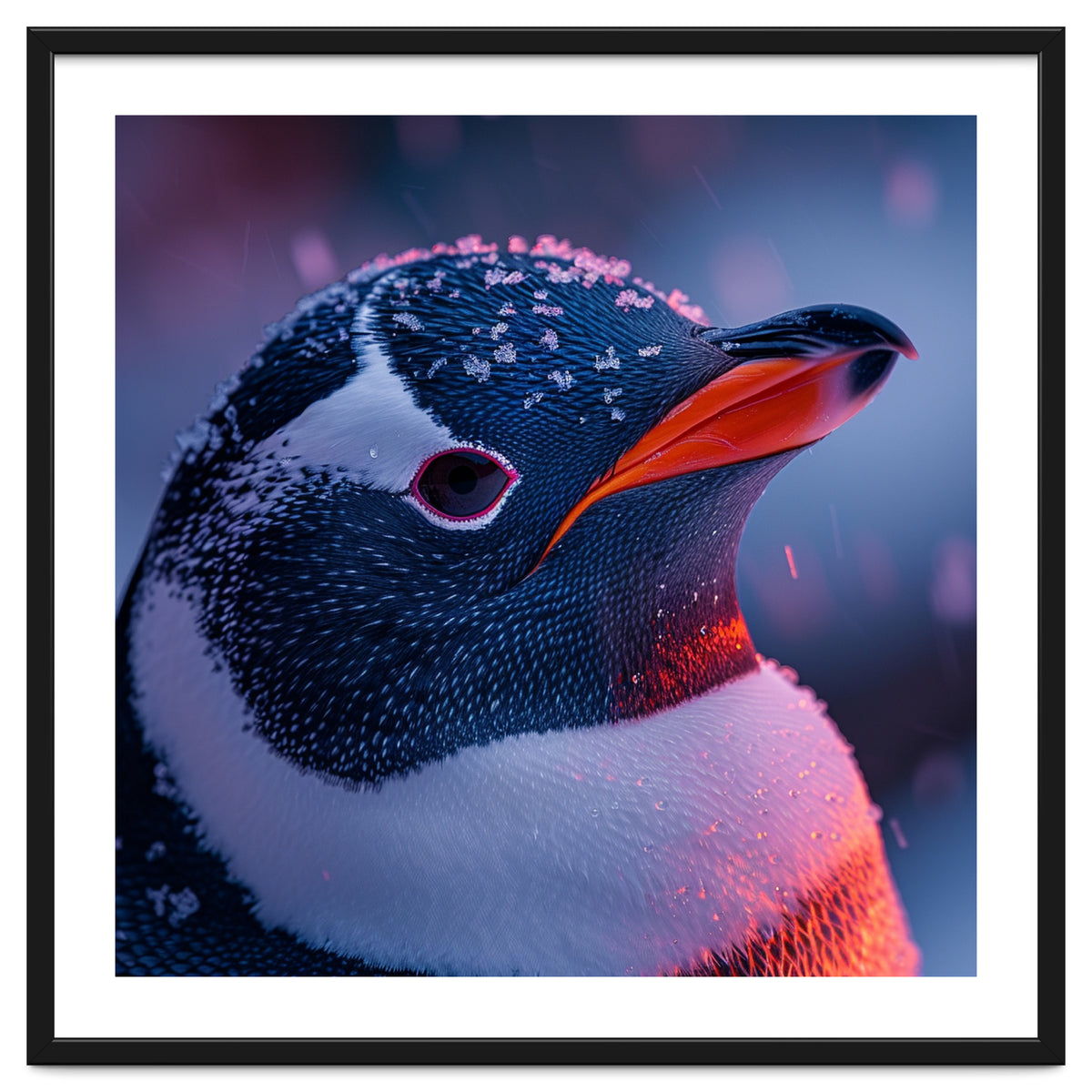 Close Up Penguin With Snowflakes On Head