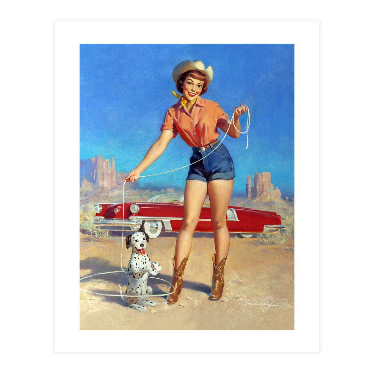 Pinup Cowgirl Showing A New Dog Trick (Print Only)