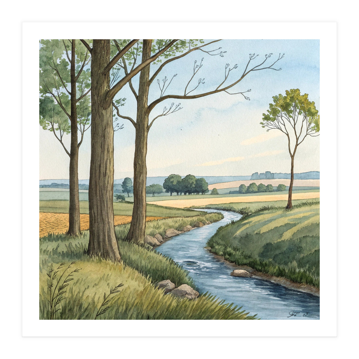 Pastoral Countryside Watercolor Painting with Winding Stream Meadows and Deciduous Trees Landscape (Print Only)