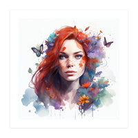 Watercolor Floral Red Hair Woman #3 (Print Only)