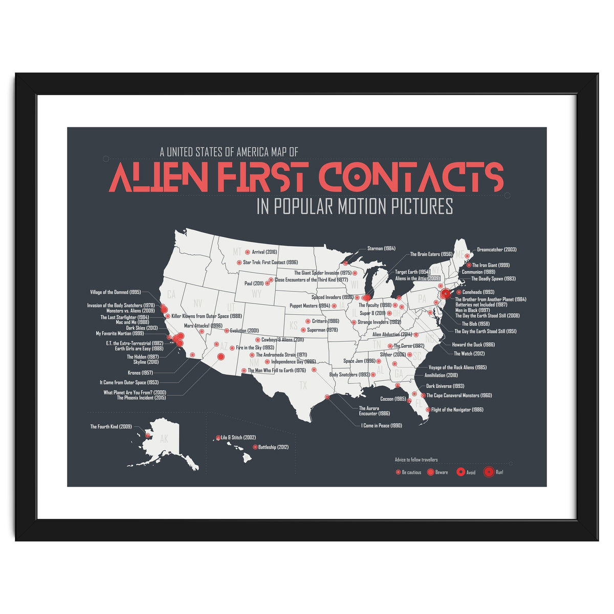 USA Map of Alien First Contacts in Movies