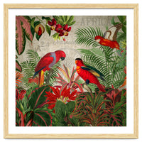 Vintage Rainforest With Tropical Red Parrots