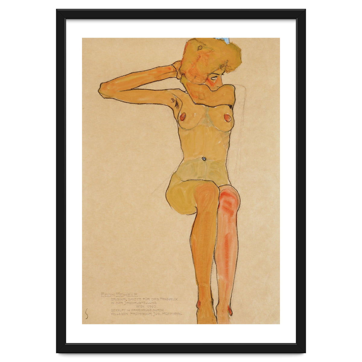 Seated female nude with raised right arm,1910 Gouache,.