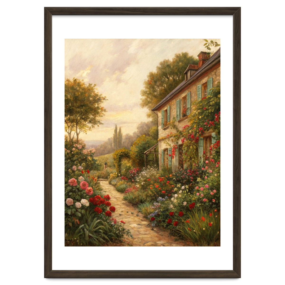 Idyllic Sunlit Cottage Garden Oil Painting