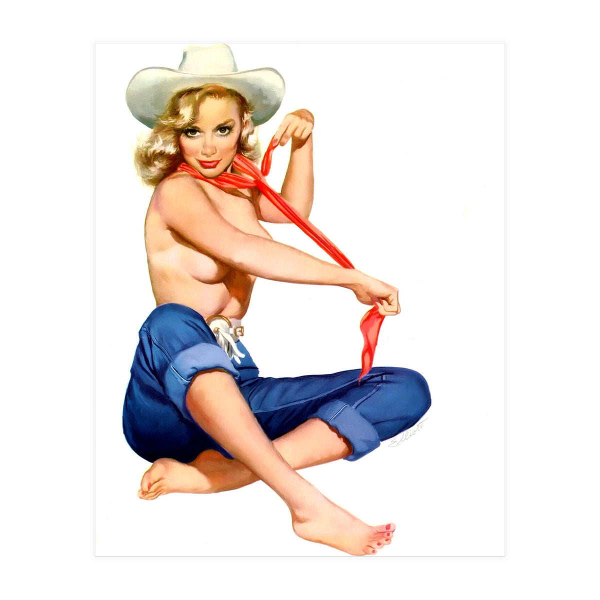 Pinup Texas Girl With White Cowboy Hat (Print Only)