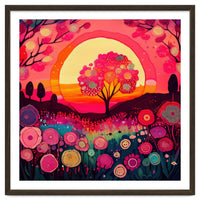 Folk Sunset Blossoming Tree