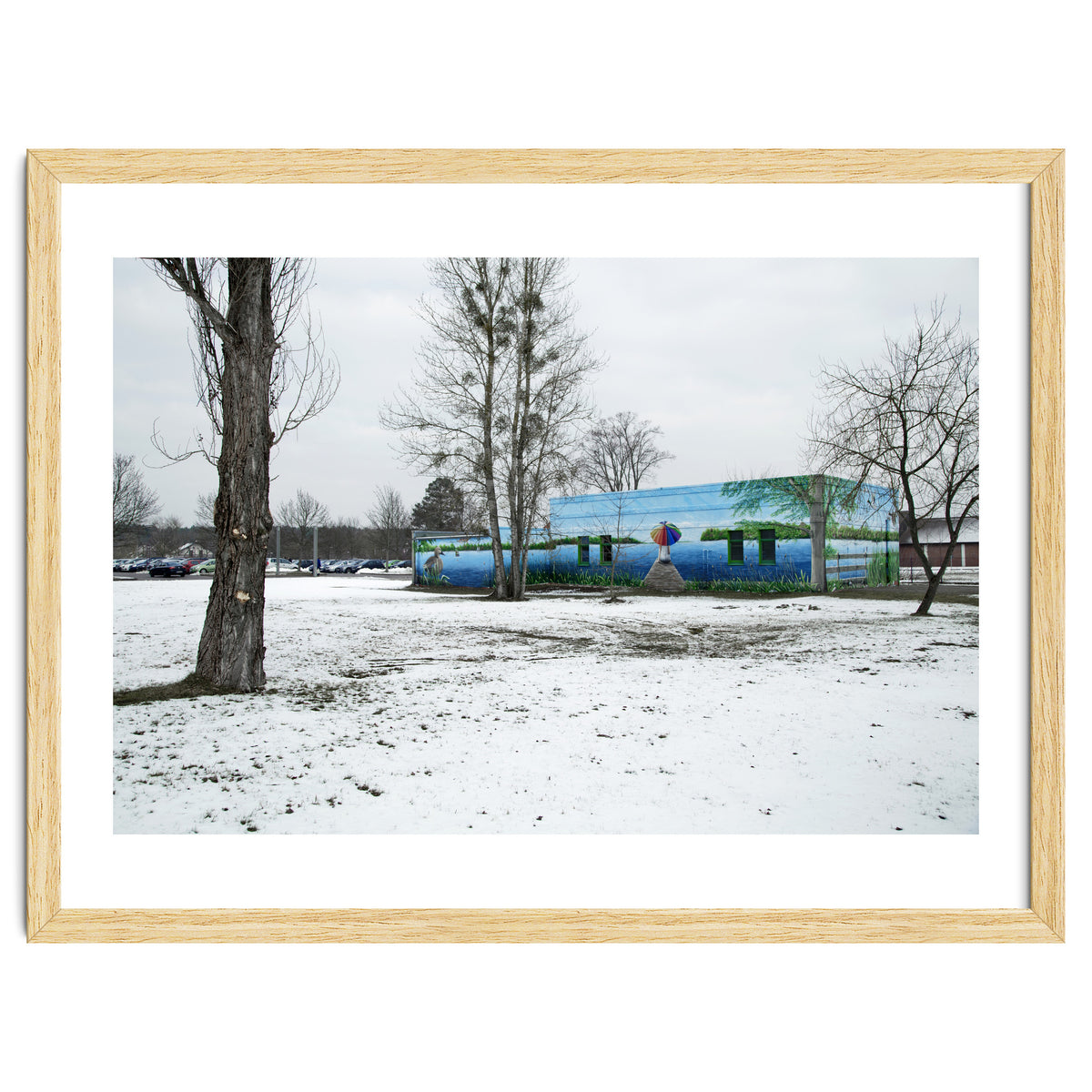 Colorful barn in the snowy ground landscape