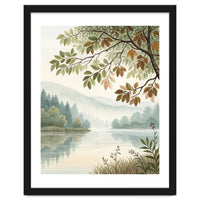 Tranquil Lakeside Forest Watercolor Painting with Overhanging Autumn Branches and Misty Mountain Reflection