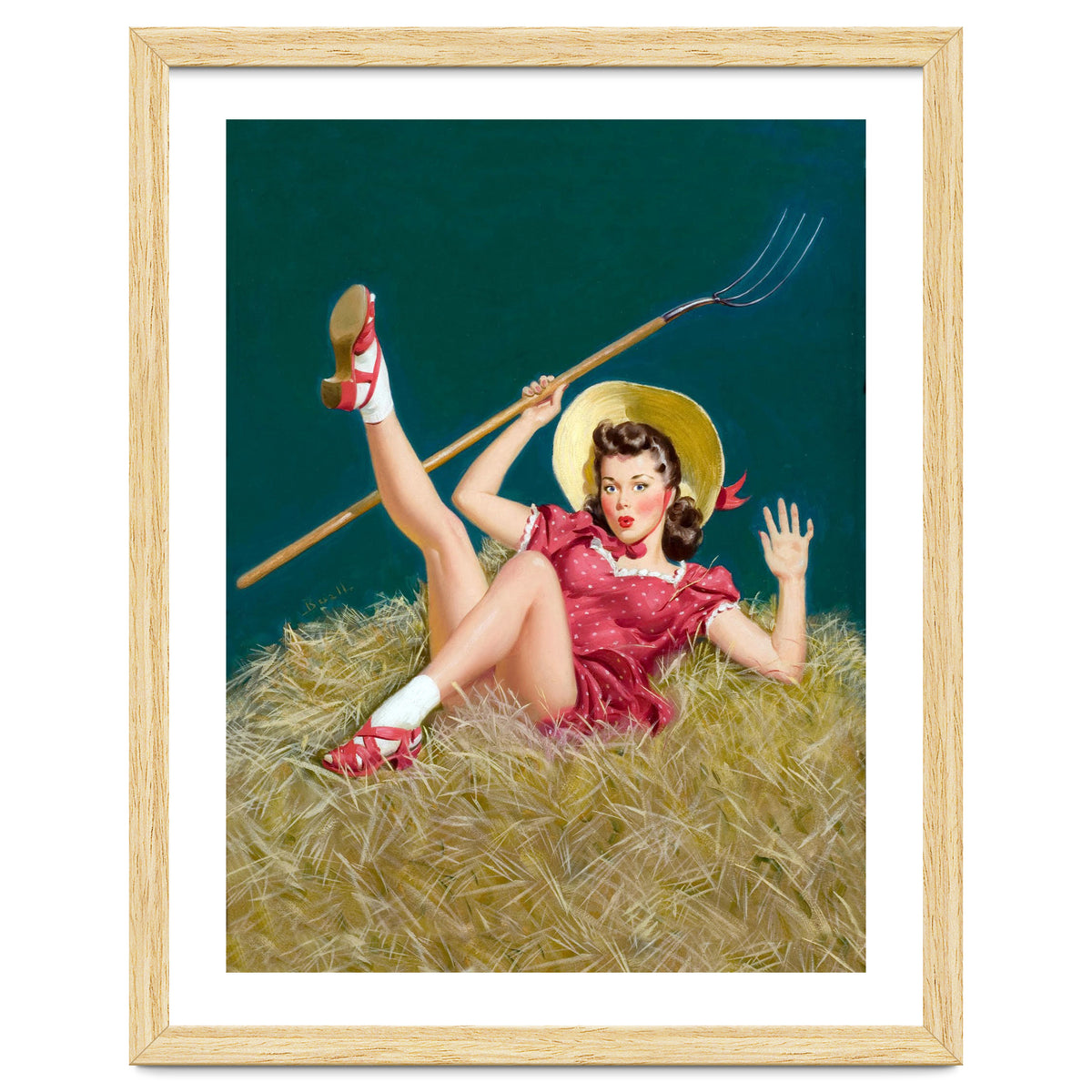 Pinup Sexy Girl Posing On A Hay With A Pitchfork