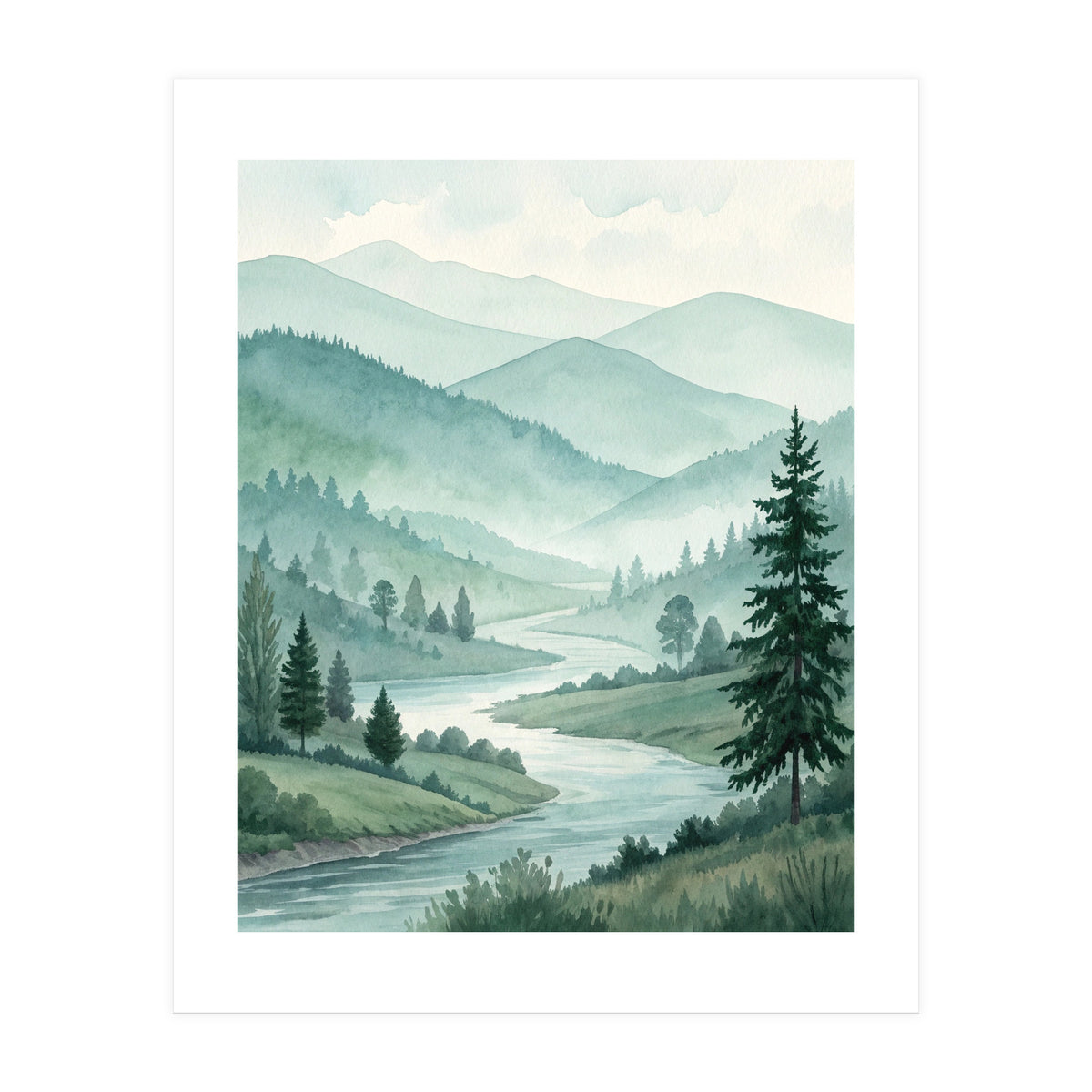 Serene Misty Mountain Valley Watercolor Painting (Print Only)