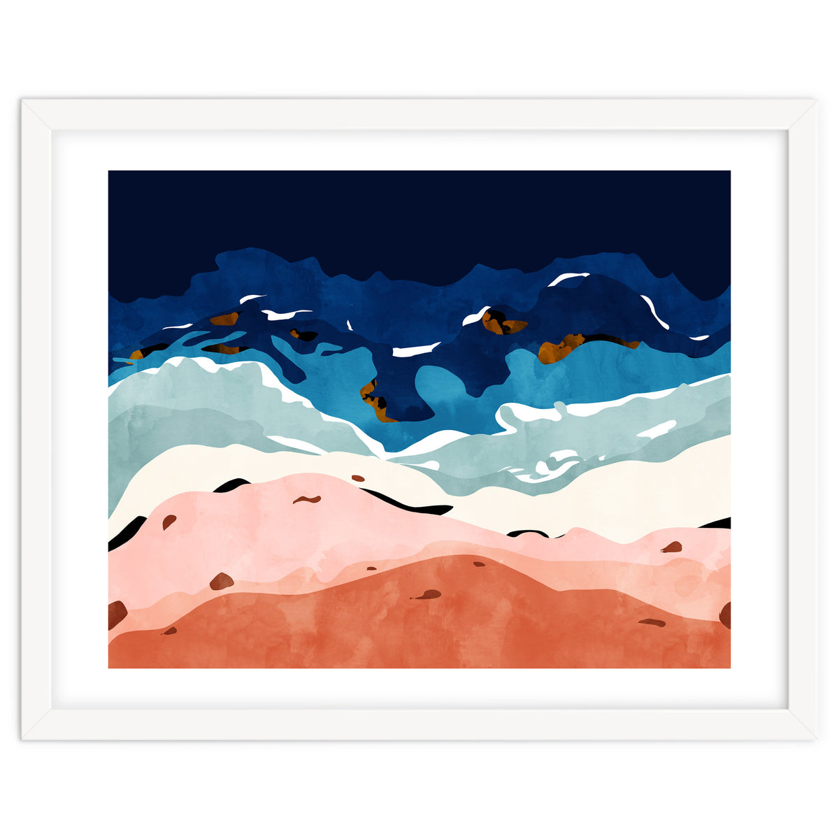 Ocean Heart, Abstract Sea Waves, Tropical Travel Watercolor Painting, Eclectic Bohemian Beach Nature