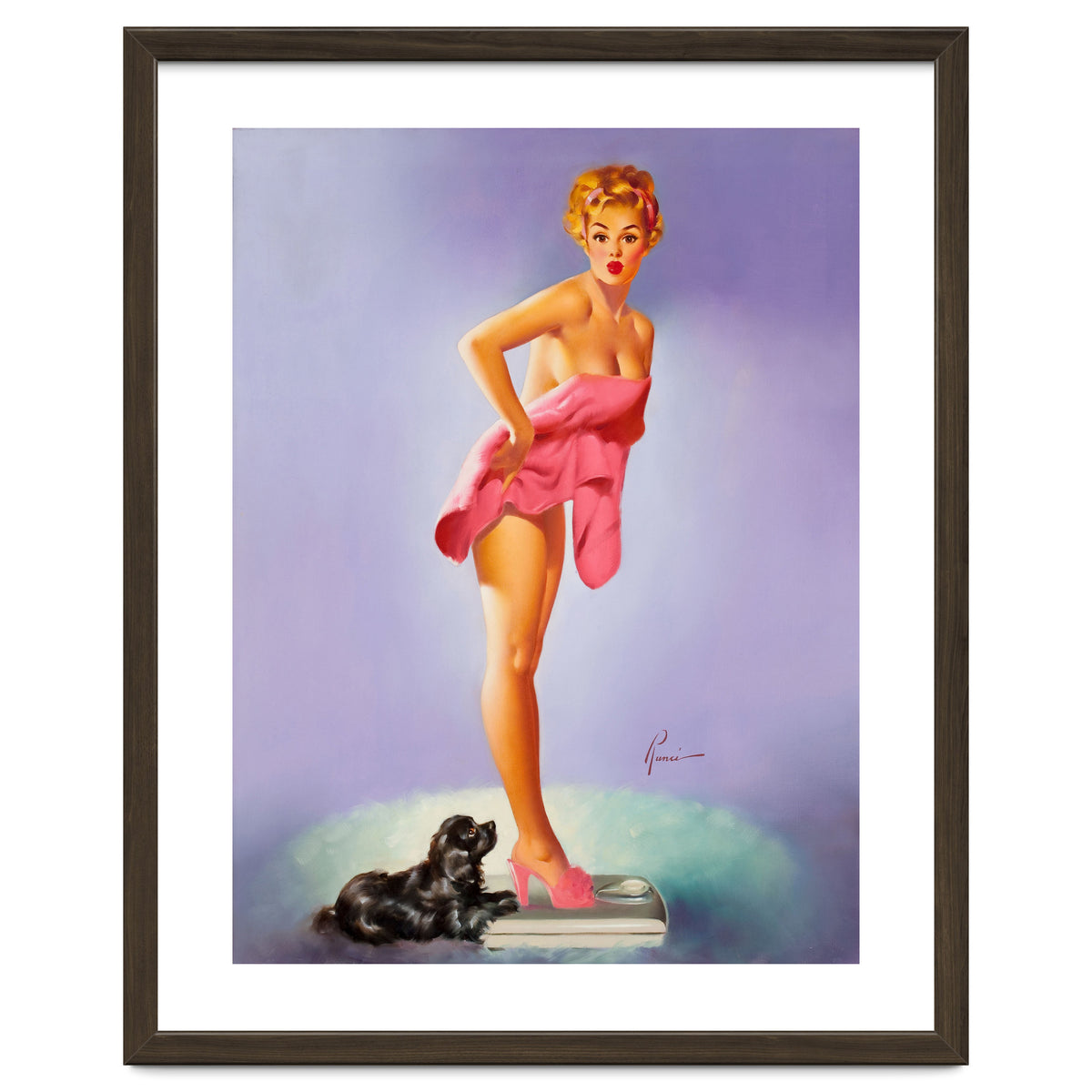 Pinup Girl On A Scale With Her Little Black Dog Behind