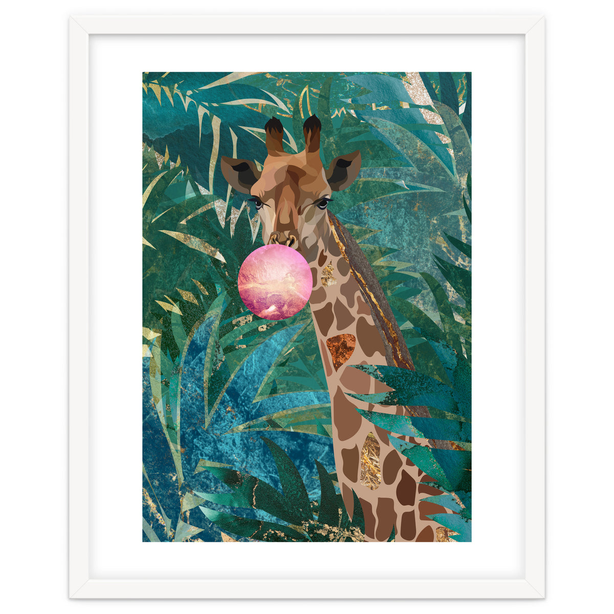 Giraffe blowing a bubble in the jungle