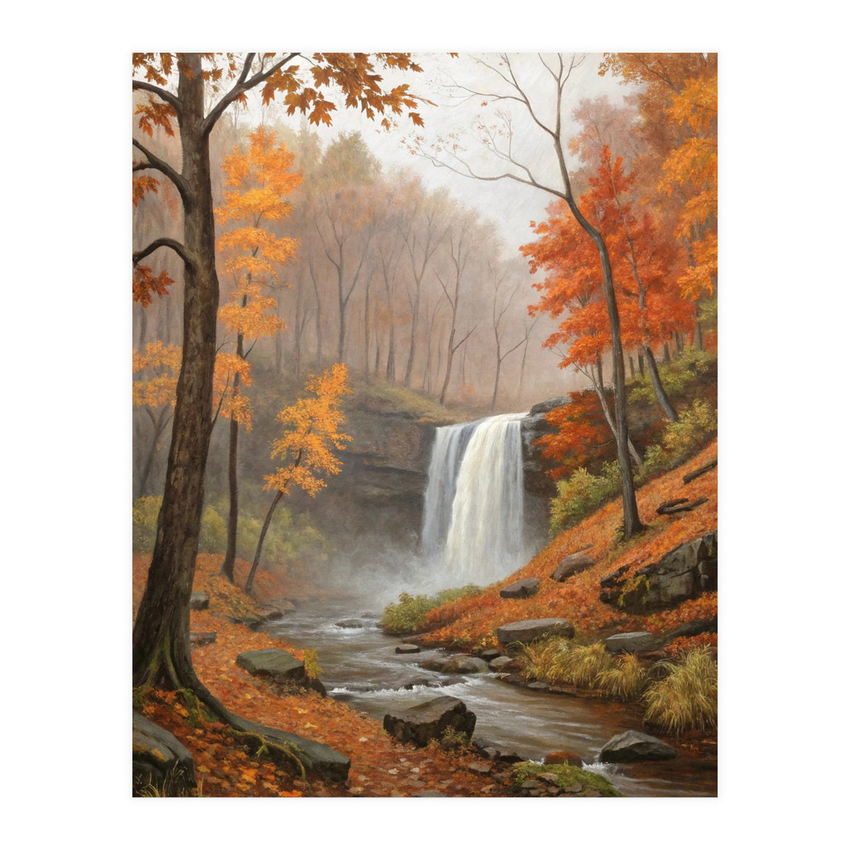 Serene Autumn Waterfall in Misty Forest (Print Only)