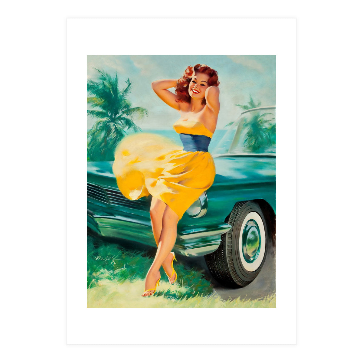 Pinup Girl Posing In Front Of The Car (Print Only)