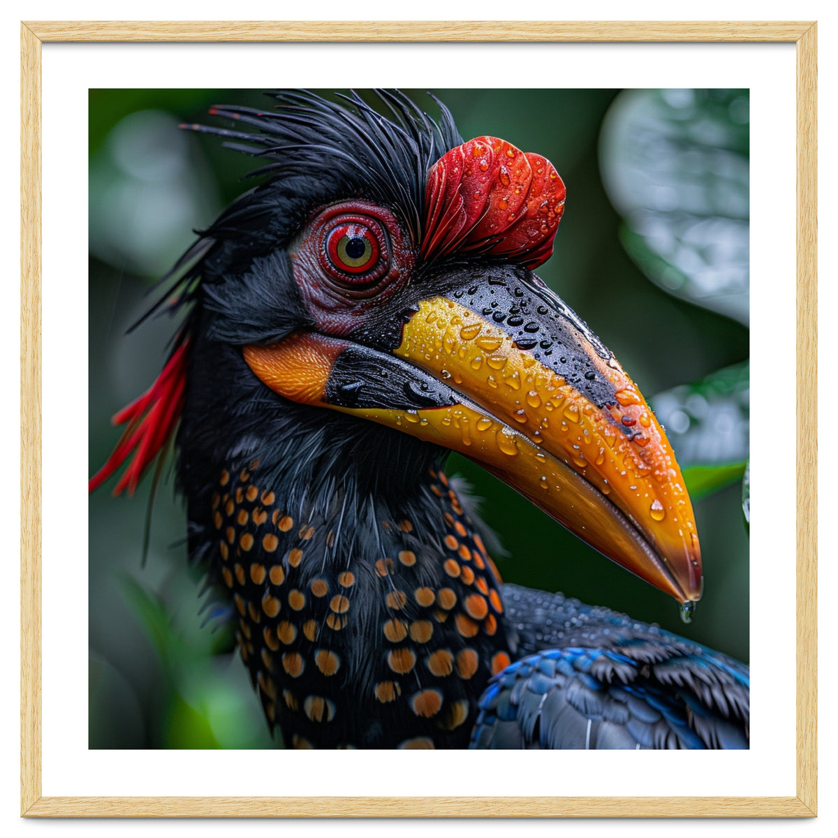 Close Up Of Helmeted Hornbill Bird In Rain
