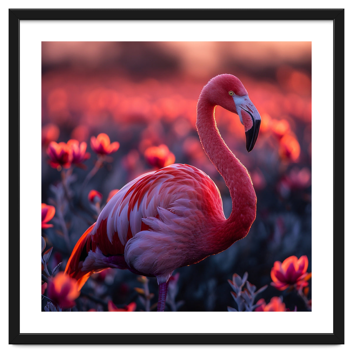 Pink Flamingo Bird Standing Among Flowers At Sunset