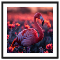 Pink Flamingo Bird Standing Among Flowers At Sunset