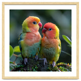 Lovebirds Pair Perched On Mossy Branch Outdoors thumbnail