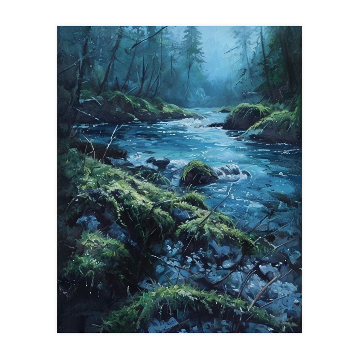 The Cerulean Current: A Whispering Flow Through the Moss (Print Only)