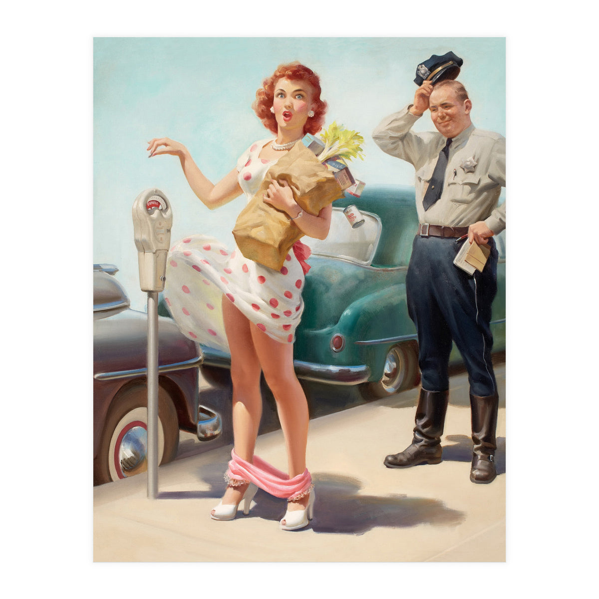 Sexy Pinup Shopping Girl And A Sudden Wind (Print Only)