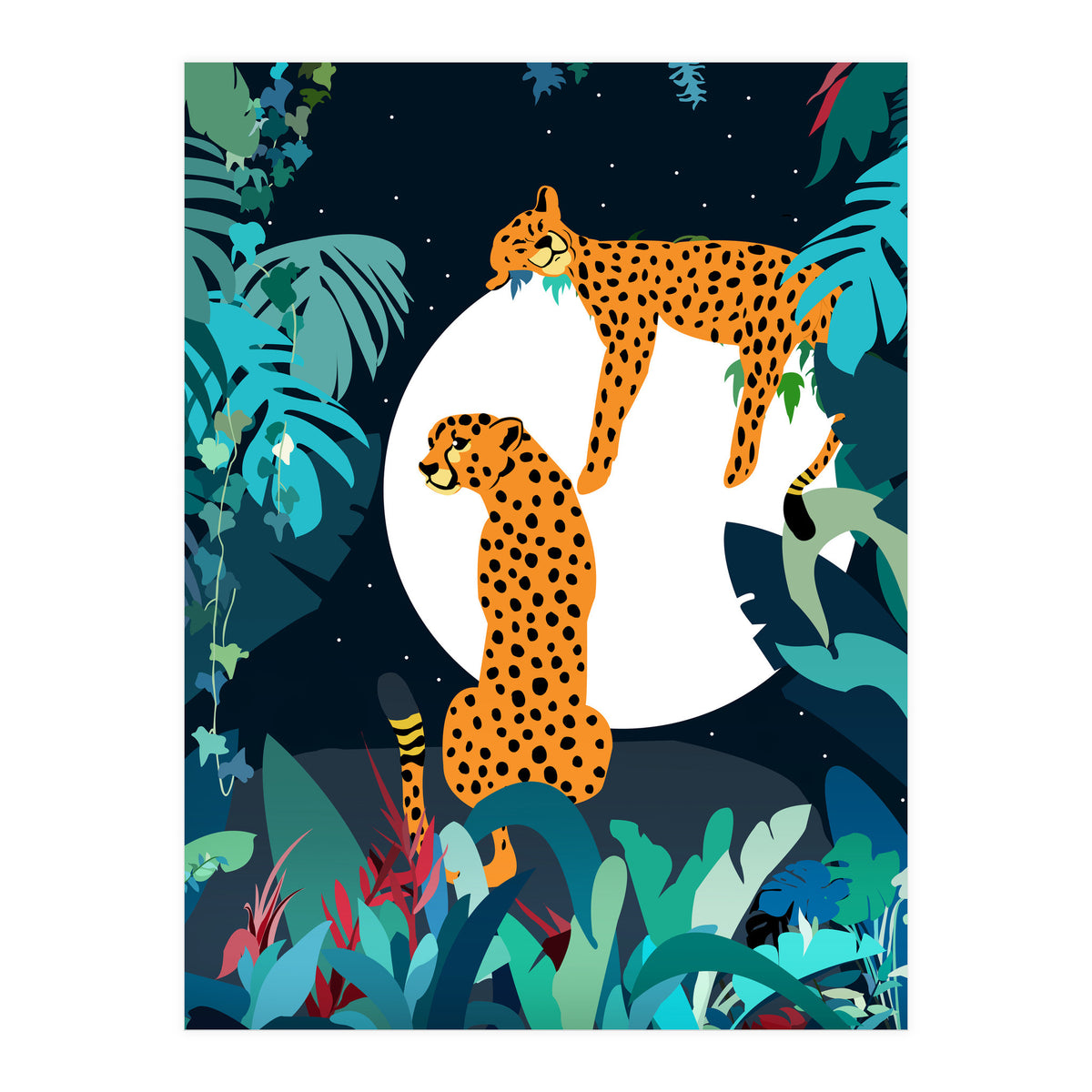 Over The Moon, Leopard In Love, Jungle Wildlife Tropical Tiger Botanical, Nature Cat Dark Animals (Print Only)