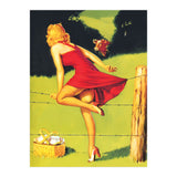 Pinup Girl In Red Dress Crossing The Barbed Wire While Looking At The Bull (Print Only) thumbnail