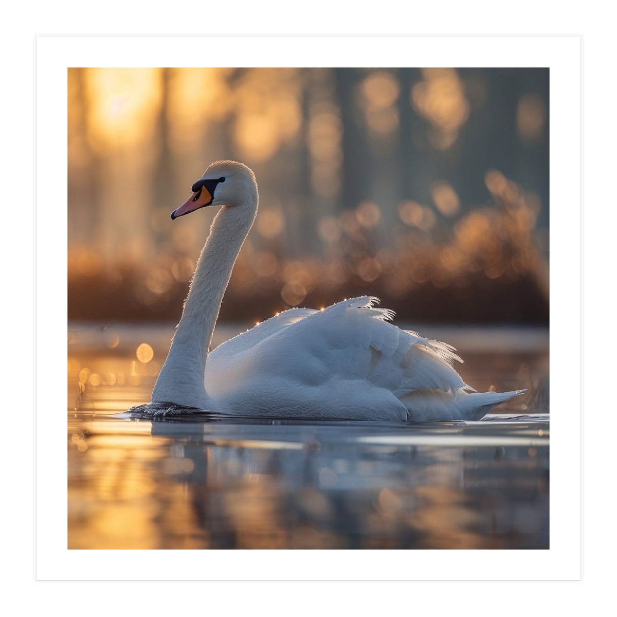 Majestic Swan Gliding On Water At Sunset (Print Only)